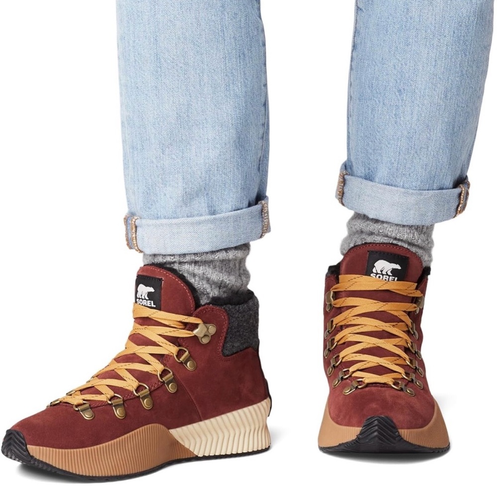 Sorel Out and About III Conquest Waterproof Boots | 7.5 | Brick Red/Yellow/Gray